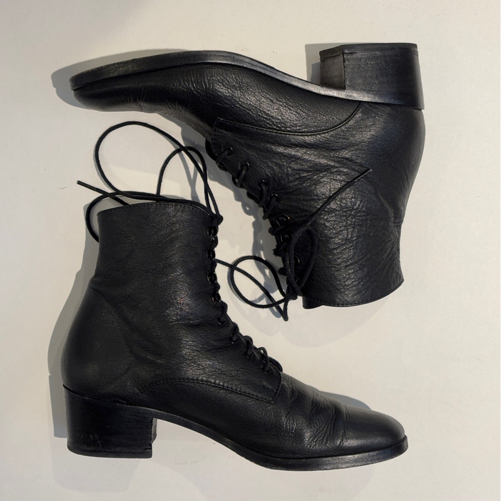 Christy Dawn Black Leather Lace-up Boots Deadstock Leather 9